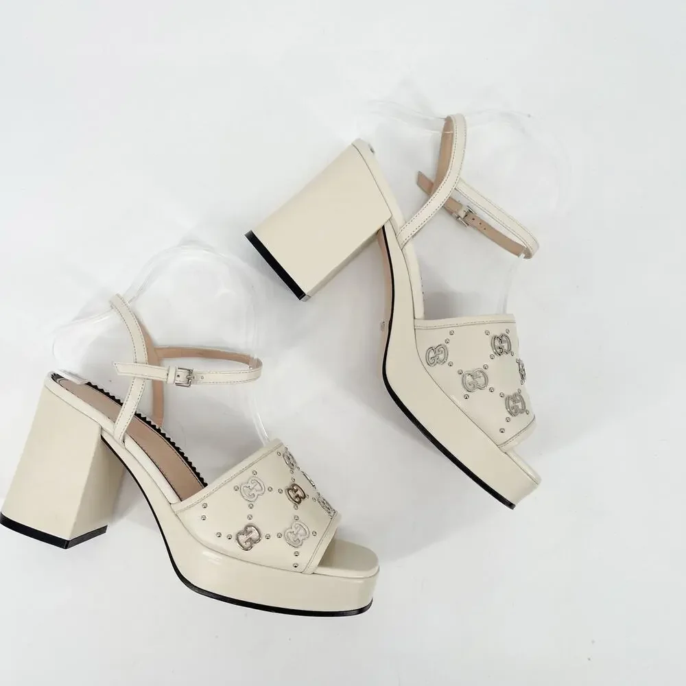 Gucci Mystic White Janaya Interlocking GG Studs Ankle Strap Sandals EU 38.5